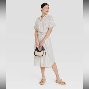 A New Day Linen Blend Striped Midi Button Down Short Sleeve Shirt Dress NWT
